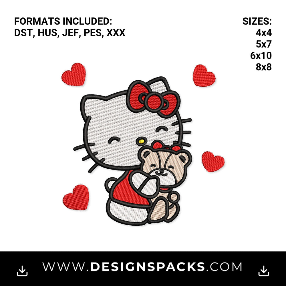 Hello Kitty Hugging Teddy Bear with Hearts Embroidery Design - Instant digital download pattern at Designspacks.com
