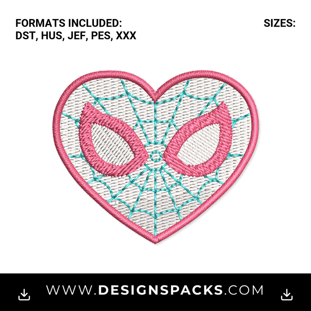 Pink Spider Girl Mask Web Heart Embroidery Design - Instant digital download pattern at Designspacks.com