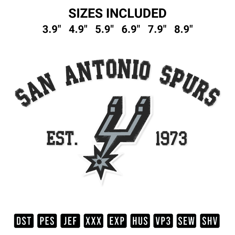 Transform your fabrics with the San Antonio Spurs Est 1973 Embroidery Design embroidery design. Instant access to premium digitized patterns at Designspacks.com. Available sizes: 3.9", 4.9", 5.9", 6.9", 7.9", 8.9".