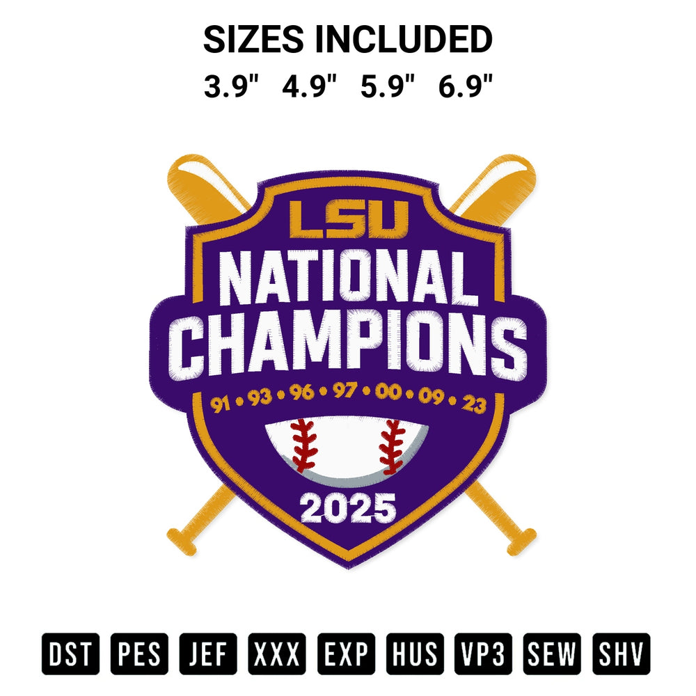 Stitch like a pro with the Lsu Tiger National Champions 8X Time 2025 Embroidery Design embroidery pattern from Designspacks.com. High-quality digital machine embroidery file. Available sizes: 3.9", 4.9", 5.9", 6.9".