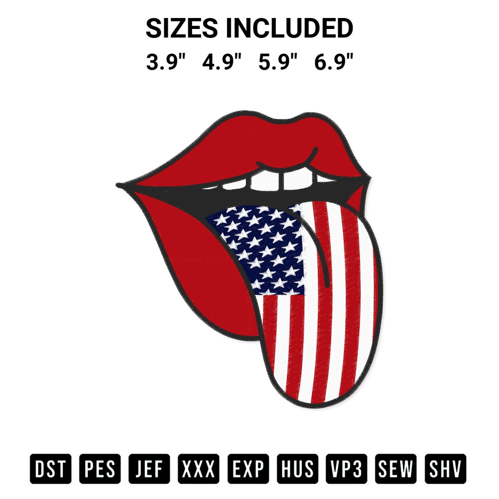 Transform your fabrics with the Tongue Lips Patriotic American Flag Embroidery Design embroidery design. Instant access to premium digitized patterns at Designspacks.com. Available sizes: 3.9", 4.9", 5.9", 6.9".