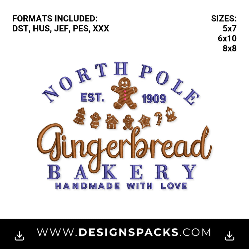 North Pole Gingerbread Bakery Embroidery Design - Instant digital download pattern at Designspacks.com