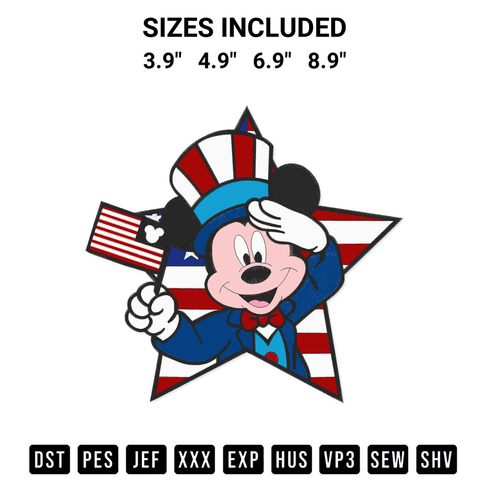 Discover the perfect addition to your crafting collection: Mickey Mouse Independence Day Embroidery Design embroidery file. Instantly available at Designspacks.com. Available sizes: 3.9", 4.9", 6.9", 8.9".
