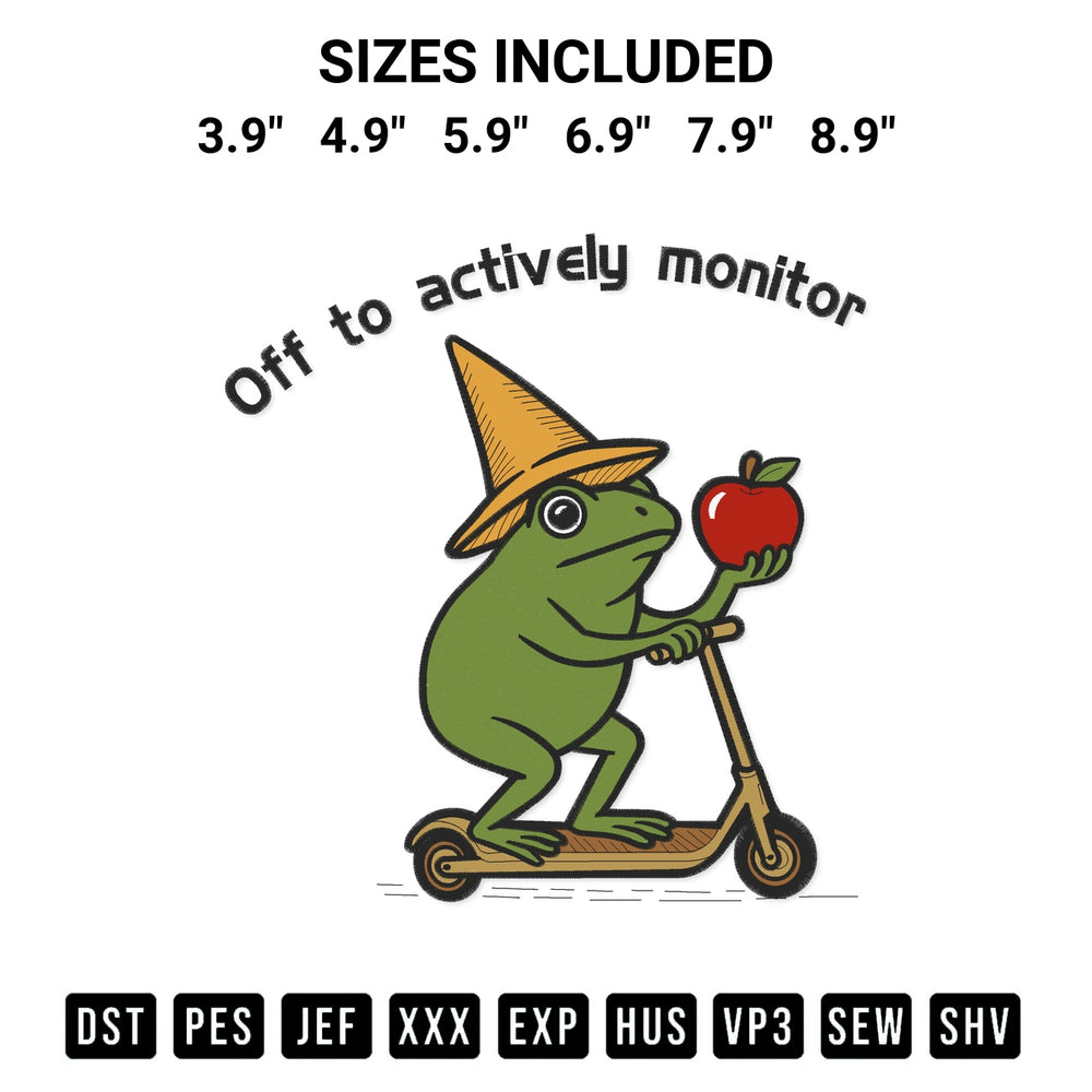 Looking for the perfect pattern? Download the Off To Actively Monitor Frog Embroidery Design embroidery design today at Designspacks.com. Crisp, clean stitching guaranteed. Available sizes: 3.9", 4.9", 5.9", 6.9", 7.9", 8.9".