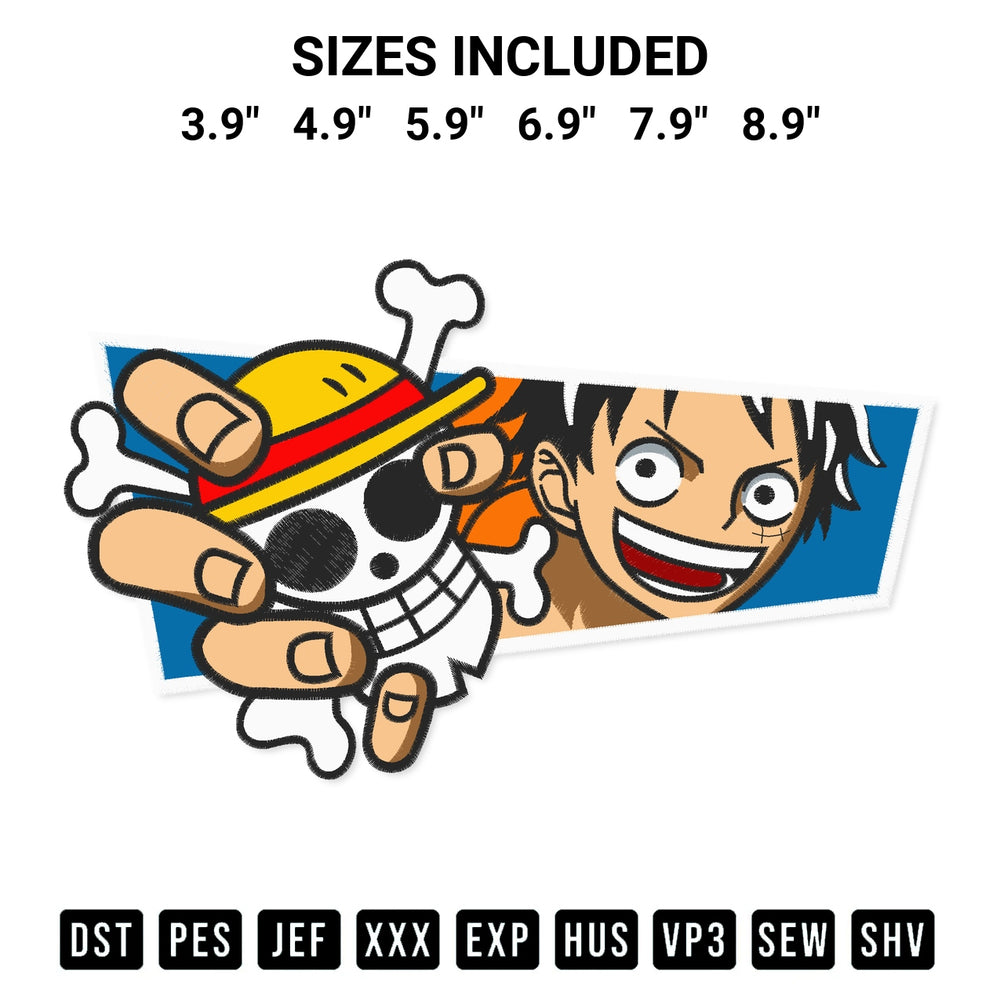 Shop the One Piece Luffy Holding Skull Embroidery Design machine embroidery pattern at Designspacks.com. Beautifully digitized for flawless stitching on any fabric. Available sizes: 3.9", 4.9", 5.9", 6.9", 7.9", 8.9".