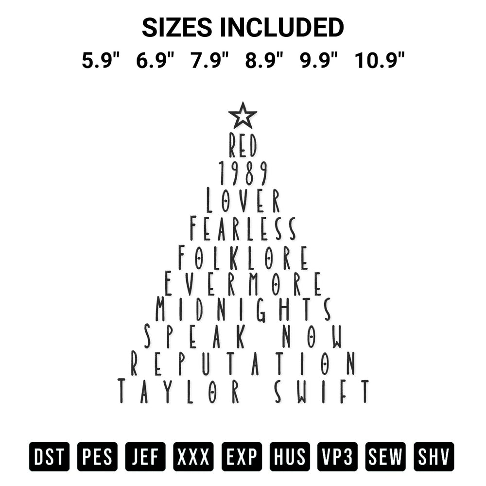 Transform your fabrics with the Christmas Tree Taylor Swift Embroidery Design embroidery design. Instant access to premium digitized patterns at Designspacks.com. Available sizes: 5.9", 6.9", 7.9", 8.9", 9.9", 10.9".