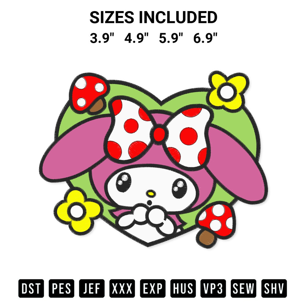 Elevate your next project with our Sanrio My Melody Heart Embroidery Design embroidery file. Shop high-quality digital patterns instantly at Designspacks.com. Available sizes: 3.9", 4.9", 5.9", 6.9".