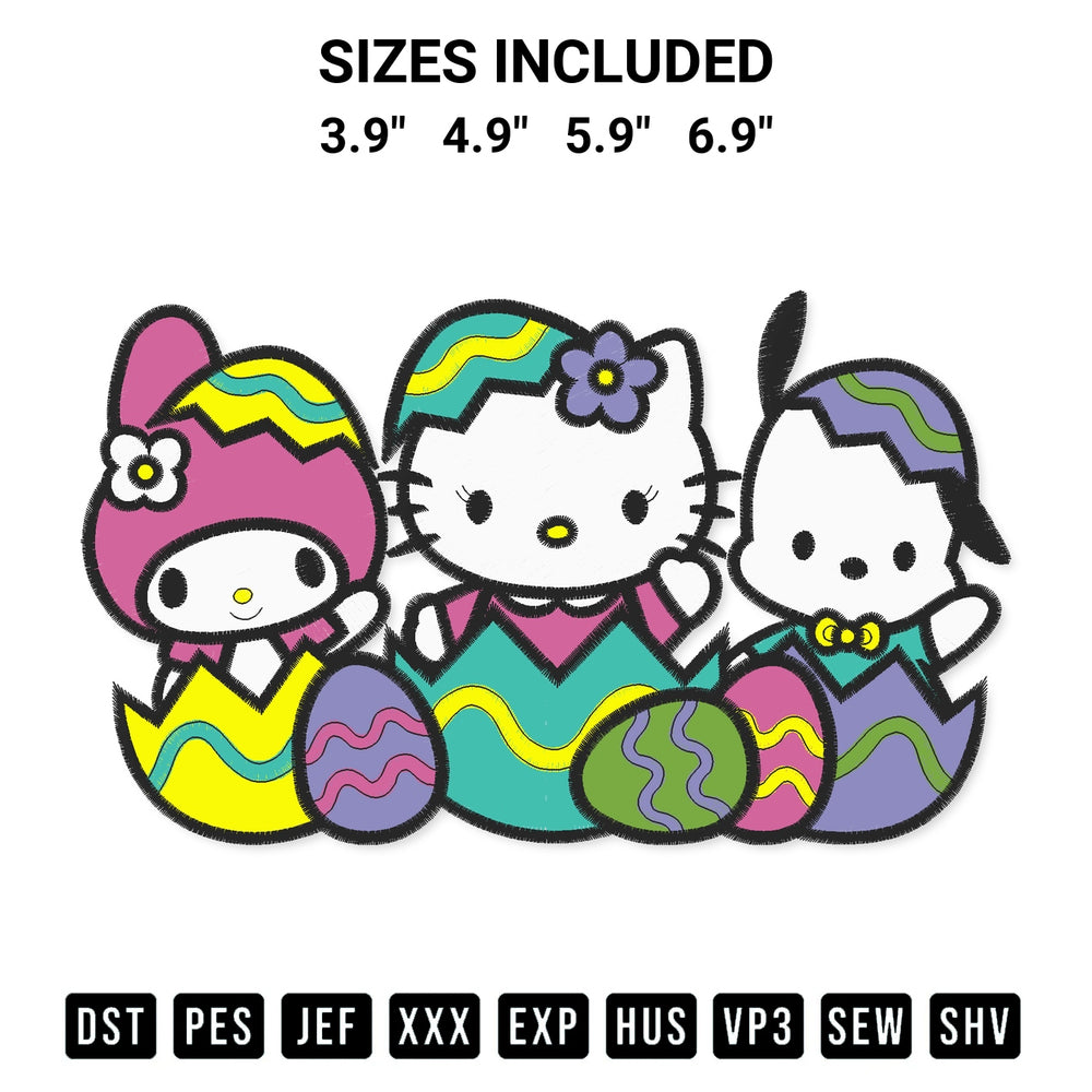 Discover the perfect addition to your crafting collection: Hello Kitty And Friends Easter Egg Embroidery Design embroidery file. Instantly available at Designspacks.com. Available sizes: 3.9", 4.9", 5.9", 6.9".