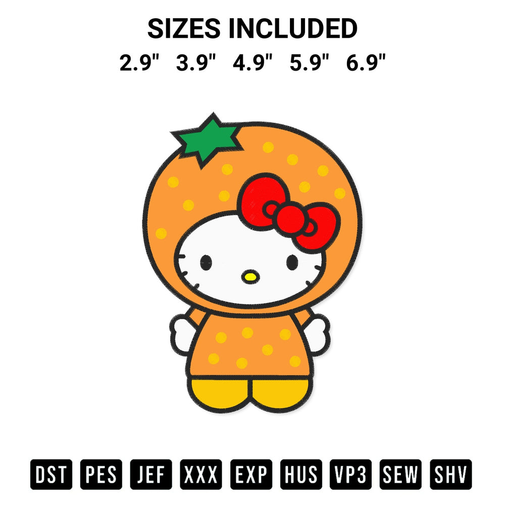 Add a unique touch to your apparel with the Hello Kitty Orange Embroidery Design embroidery file. Premium instant download available now on Designspacks.com. Available sizes: 2.9", 3.9", 4.9", 5.9", 6.9".
