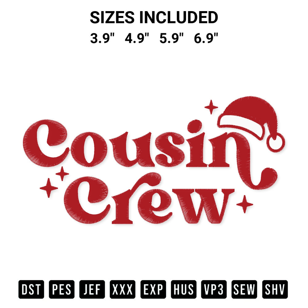 Download the Cousin Crew Christmas Embroidery Design machine embroidery design exclusively at Designspacks.com. Premium digitized pattern for apparel and DIY crafts. Available sizes: 3.9", 4.9", 5.9", 6.9".