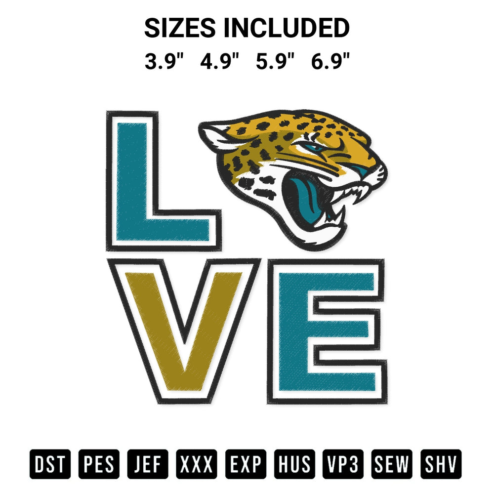 Elevate your next project with our Love Jacksonville Jaguars Embroidery Design embroidery file. Shop high-quality digital patterns instantly at Designspacks.com. Available sizes: 3.9", 4.9", 5.9", 6.9".