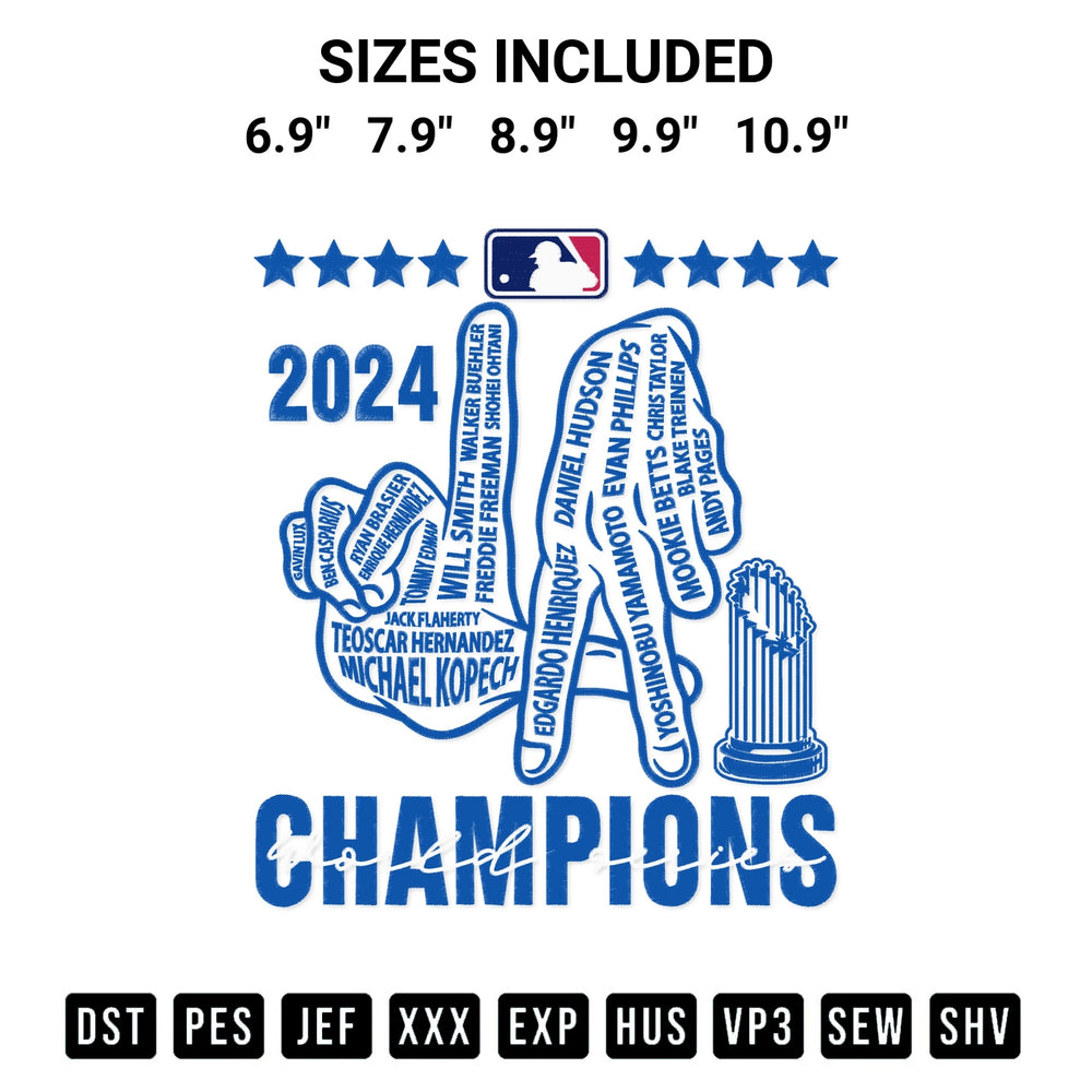 Shop the Trendy Los Angeles Dodgers 2024 Embroidery Design machine embroidery pattern at Designspacks.com. Beautifully digitized for flawless stitching on any fabric. Available sizes: 6.9", 7.9", 8.9", 9.9", 10.9".