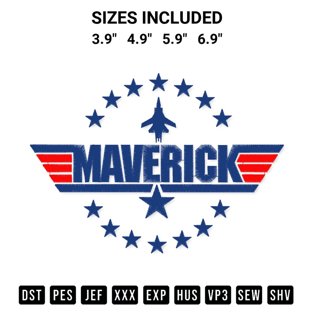 Create amazing crafts with the Maverick Embroidery Design embroidery file. High-quality digital download from Designspacks.com, perfect for beginners and pros. Available sizes: 3.9", 4.9", 5.9", 6.9".
