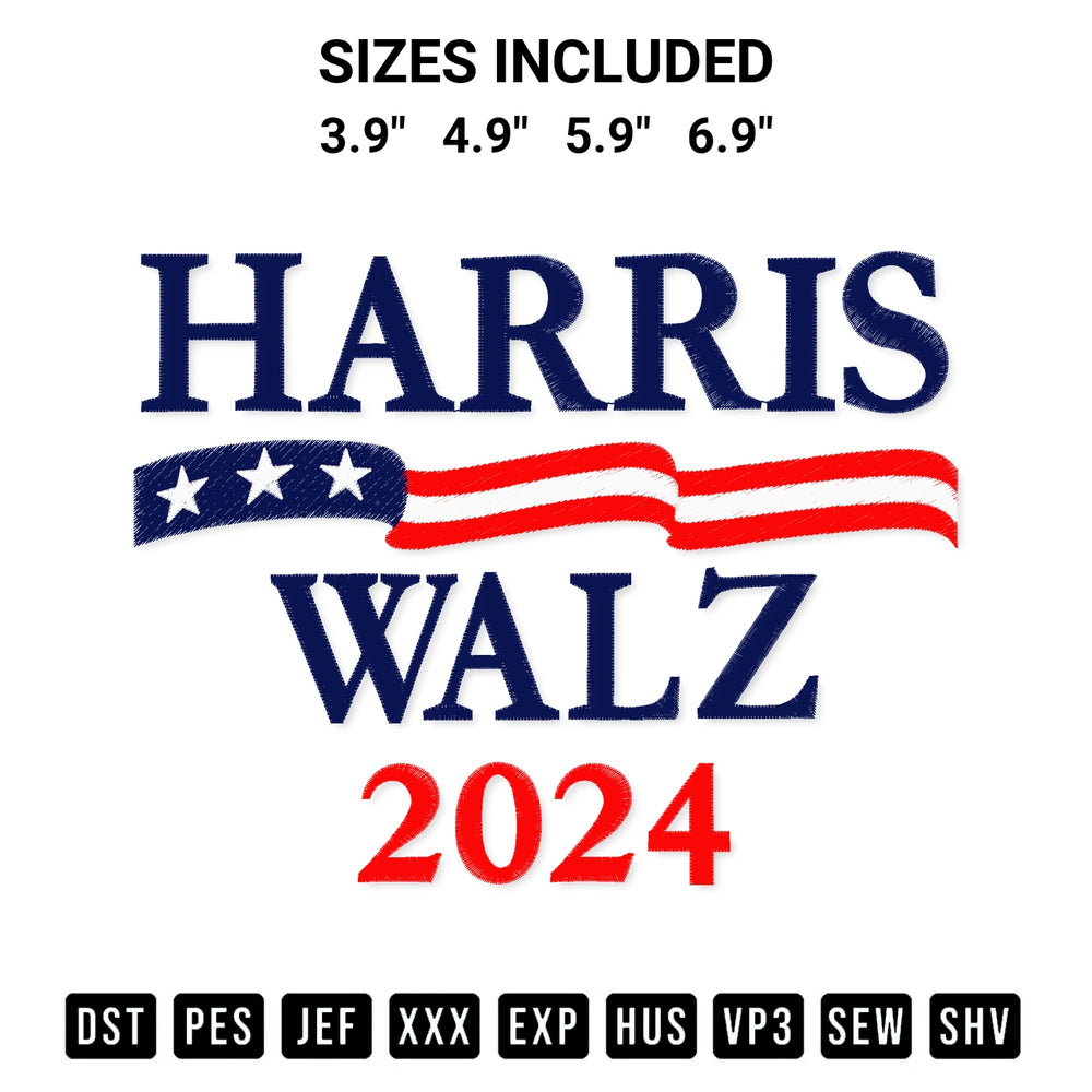 Looking for the perfect pattern? Download the Harris Walz 2024 Embroidery Design embroidery design today at Designspacks.com. Crisp, clean stitching guaranteed. Available sizes: 3.9", 4.9", 5.9", 6.9".