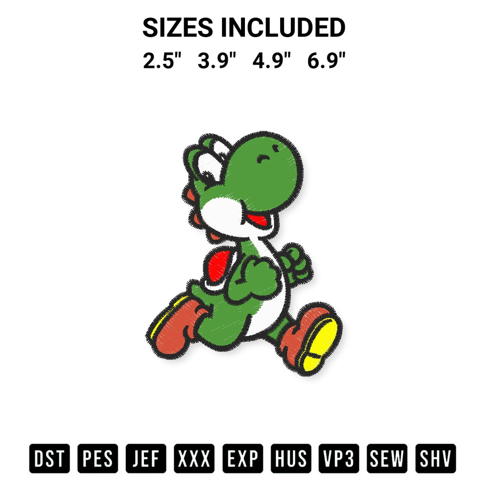 Transform your fabrics with the Yoshi Running Embroidery Design embroidery design. Instant access to premium digitized patterns at Designspacks.com. Available sizes: 2.5", 3.9", 4.9", 6.9".