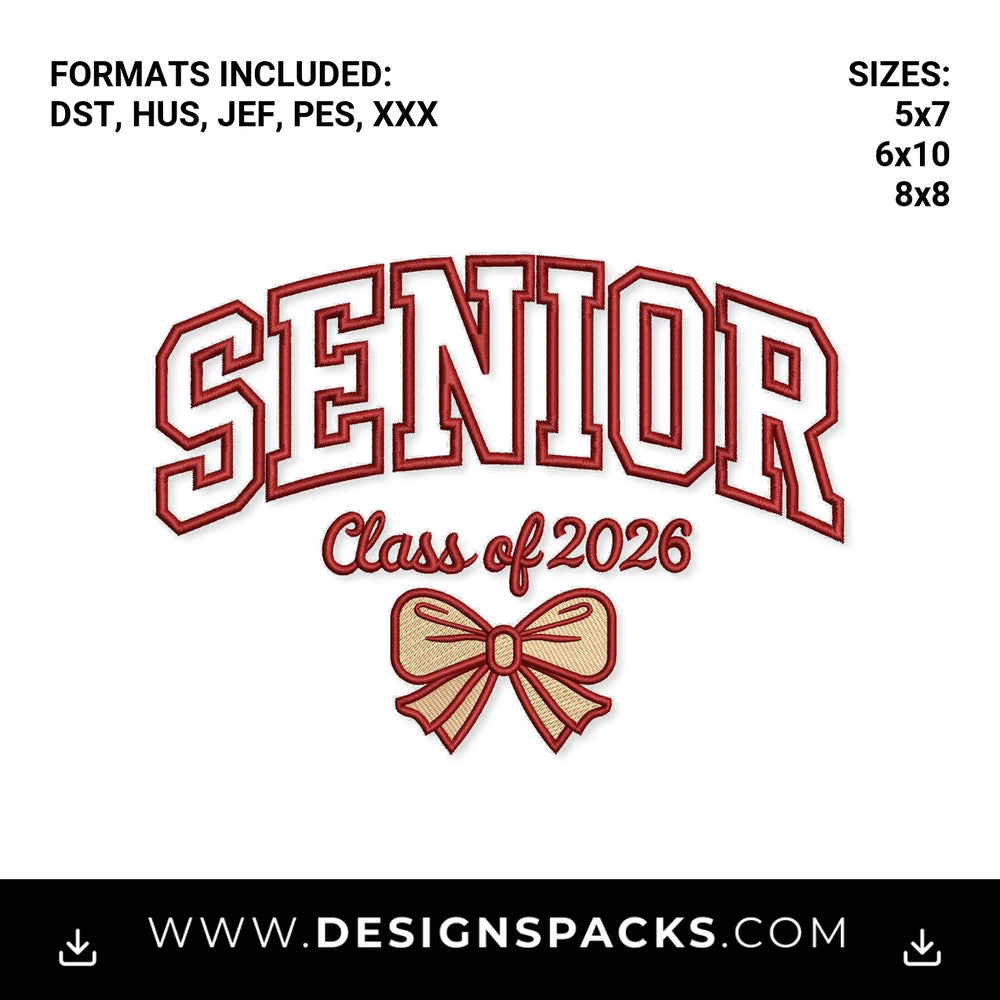 Senior Class of 2026 Coquette Bow Embroidery Design - Instant digital download pattern at Designspacks.com