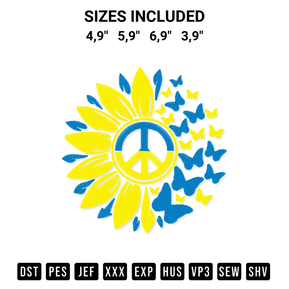 Shop the Flowers And Butterflies Ukraine Hippie Logo Embroidery Design machine embroidery pattern at Designspacks.com. Beautifully digitized for flawless stitching on any fabric. Available sizes: 4,9", 5,9", 6,9", 3,9".