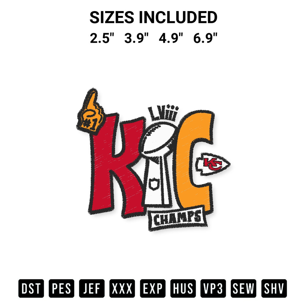Transform your fabrics with the Kansas City Chiefs Super Bowl Lviii Champs Embroidery Design embroidery design. Instant access to premium digitized patterns at Designspacks.com. Available sizes: 2.5", 3.9", 4.9", 6.9".