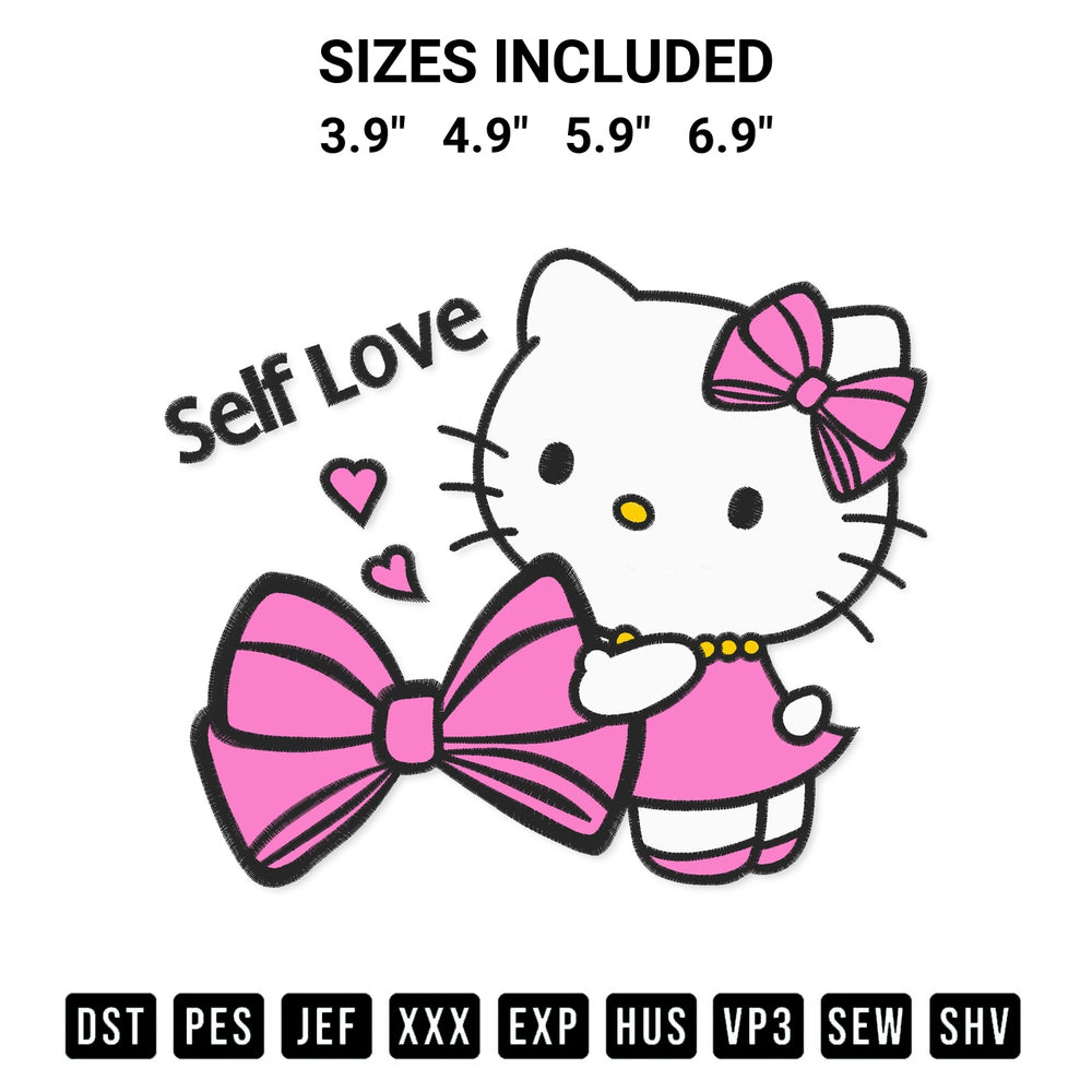 Transform your fabrics with the Self Love Hello Kitty Embroidery Design embroidery design. Instant access to premium digitized patterns at Designspacks.com. Available sizes: 3.9", 4.9", 5.9", 6.9".