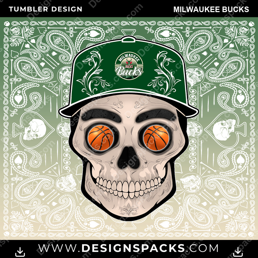 Basketball Skull Handkerchief Milwaukee Bucks Tumbler Digital Wrap Design