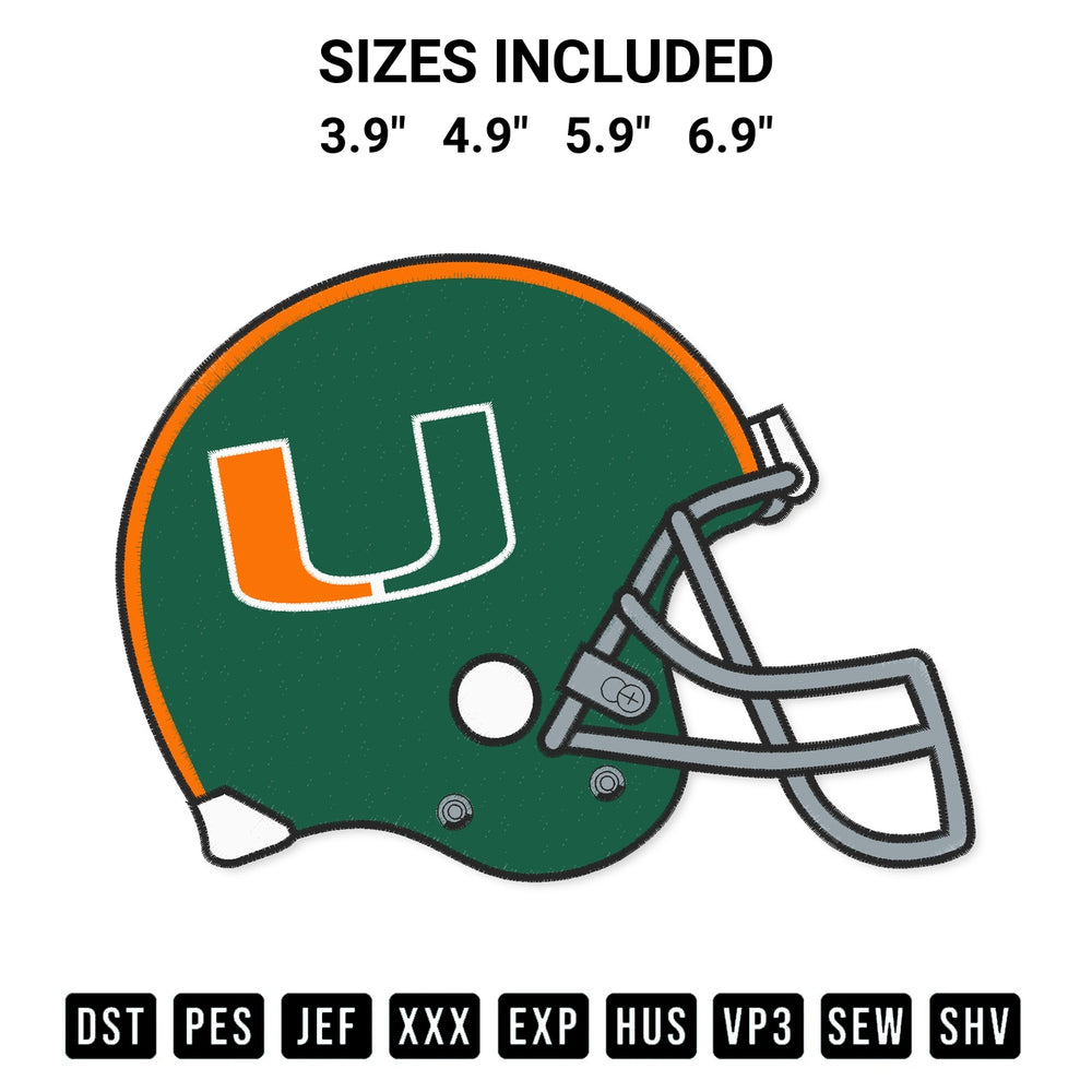 Stitch like a pro with the Miami Hurricanes Helmet Embroidery Design embroidery pattern from Designspacks.com. High-quality digital machine embroidery file. Available sizes: 3.9", 4.9", 5.9", 6.9".