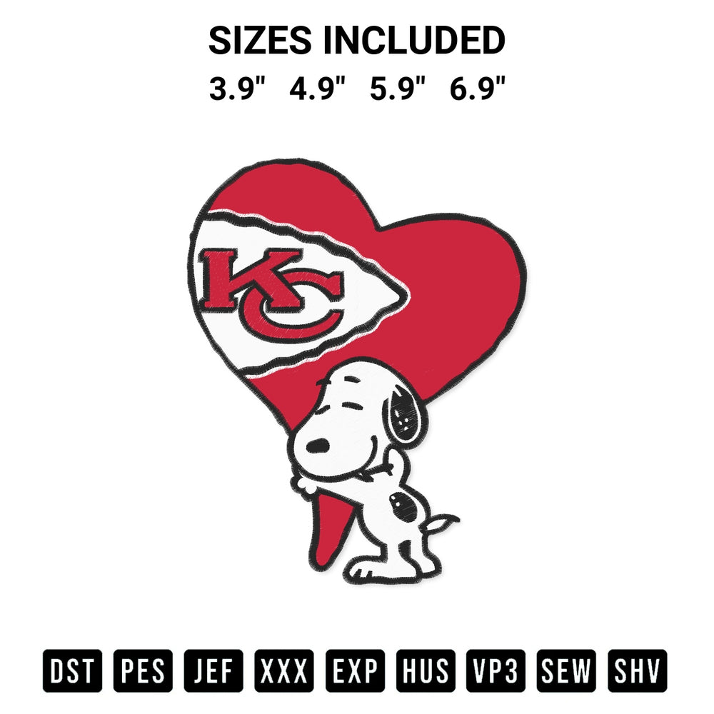 Shop the Snoopy Kc Chiefs Heart Love Embroidery Design machine embroidery pattern at Designspacks.com. Beautifully digitized for flawless stitching on any fabric. Available sizes: 3.9", 4.9", 5.9", 6.9".