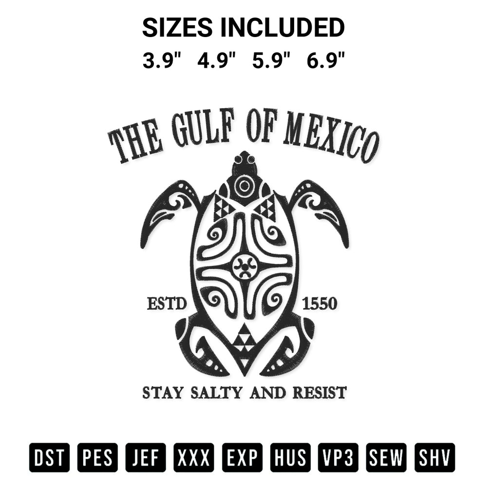 Get the The Gulf Of Mexico Est 1550 Embroidery Design embroidery design for your custom crafts! Premium digitized files available for instant download at Designspacks.com. Available sizes: 3.9", 4.9", 5.9", 6.9".