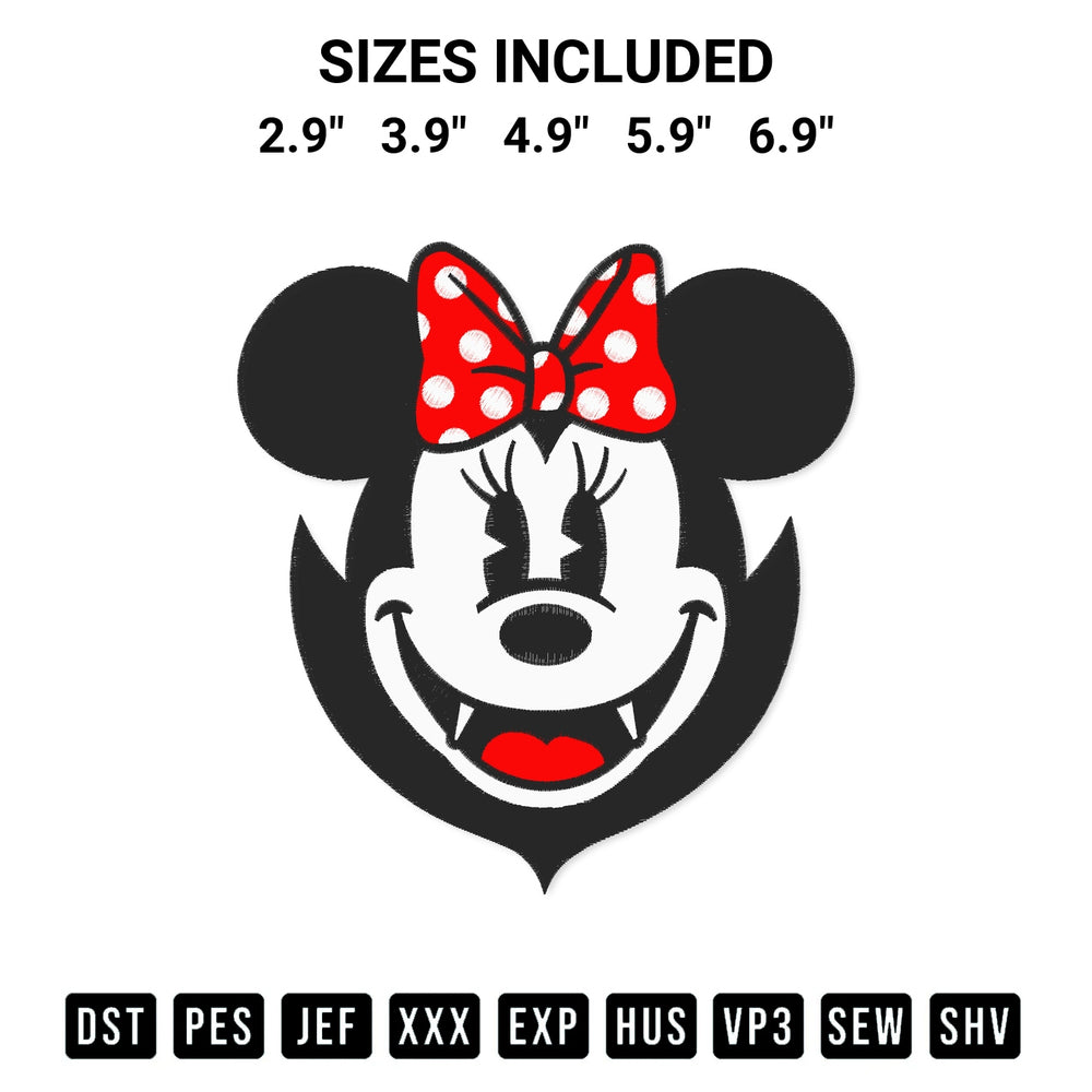 Discover the perfect addition to your crafting collection: Vampire Minnie Face Embroidery Design embroidery file. Instantly available at Designspacks.com. Available sizes: 2.9", 3.9", 4.9", 5.9", 6.9".