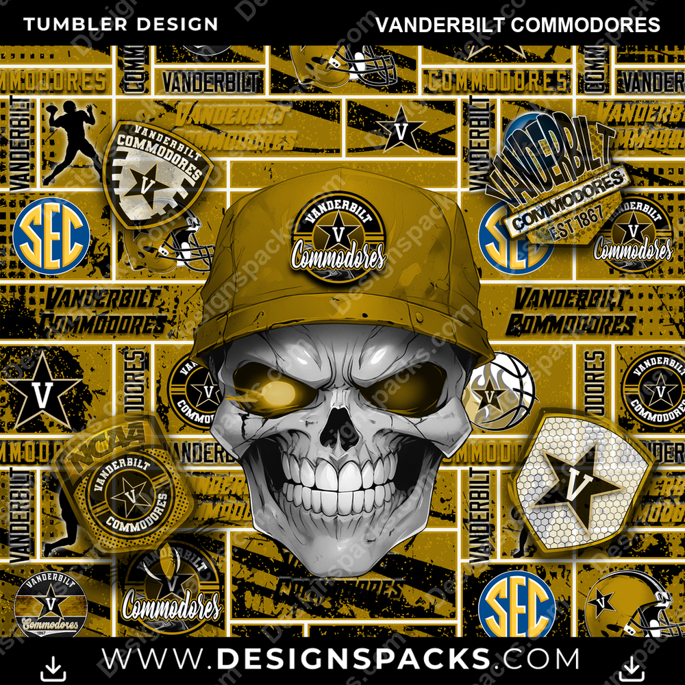 College Sport Skull Vanderbilt Commodores Tumbler Digital Wrap Design