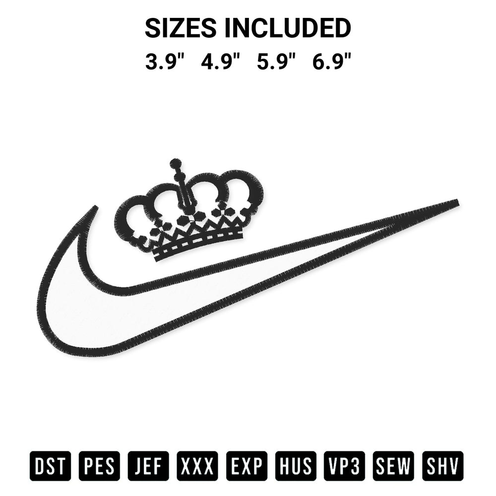Shop the Crown King Swoosh Embroidery Design machine embroidery pattern at Designspacks.com. Beautifully digitized for flawless stitching on any fabric. Available sizes: 3.9", 4.9", 5.9", 6.9".