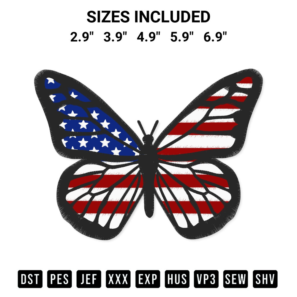 Shop the American Flag Butterfly Embroidery Design machine embroidery pattern at Designspacks.com. Beautifully digitized for flawless stitching on any fabric. Available sizes: 2.9", 3.9", 4.9", 5.9", 6.9".