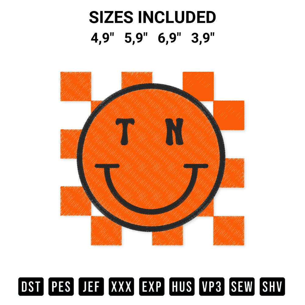 Shop the Tennessee Smiley Face Retro Happy Checkerboard Tennessee Checkered Logo Embroidery Design machine embroidery pattern at Designspacks.com. Beautifully digitized for flawless stitching on any fabric. Available sizes: 4,9", 5,9", 6,9", 3,9".