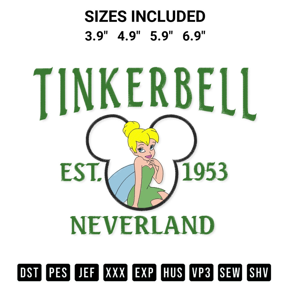 Create amazing crafts with the Disney Tinkerbell 1953 Embroidery Design embroidery file. High-quality digital download from Designspacks.com, perfect for beginners and pros. Available sizes: 3.9", 4.9", 5.9", 6.9".