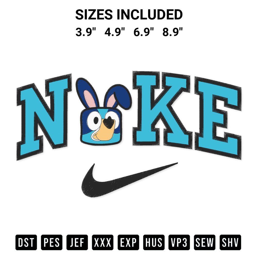 Get the Bluey Bunny Face X Nike Embroidery Design embroidery design for your custom crafts! Premium digitized files available for instant download at Designspacks.com. Available sizes: 3.9", 4.9", 6.9", 8.9".