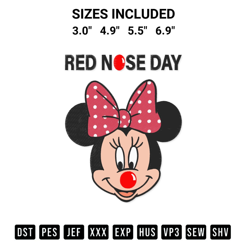Transform your fabrics with the Minnie Mouse Red Nose Day Embroidery Design embroidery design. Instant access to premium digitized patterns at Designspacks.com. Available sizes: 3.0", 4.9", 5.5", 6.9".