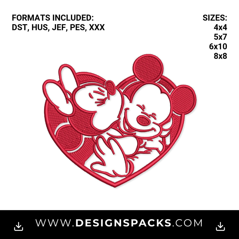 Mickey and Minnie Kissing Heart Embroidery Design - Instant digital download pattern at Designspacks.com