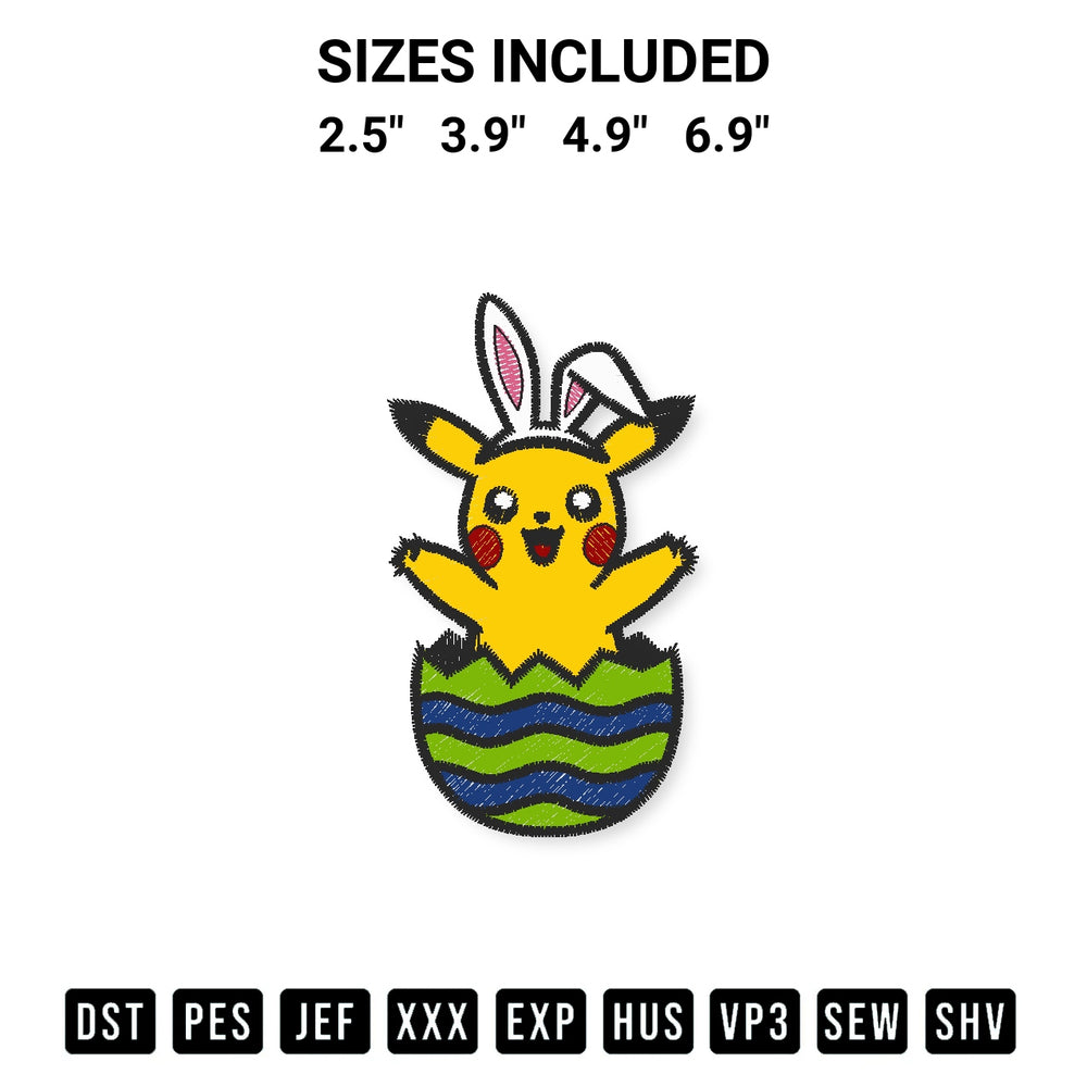 Stitch like a pro with the Pikachu Bunny Easter Embroidery Design embroidery pattern from Designspacks.com. High-quality digital machine embroidery file. Available sizes: 2.5", 3.9", 4.9", 6.9".