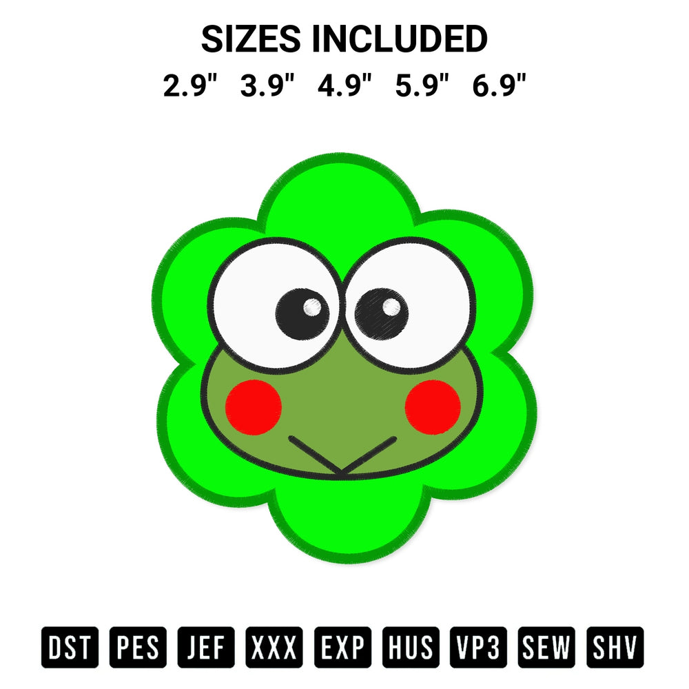 Add a unique touch to your apparel with the Flower Keroppi Face Embroidery Design embroidery file. Premium instant download available now on Designspacks.com. Available sizes: 2.9", 3.9", 4.9", 5.9", 6.9".