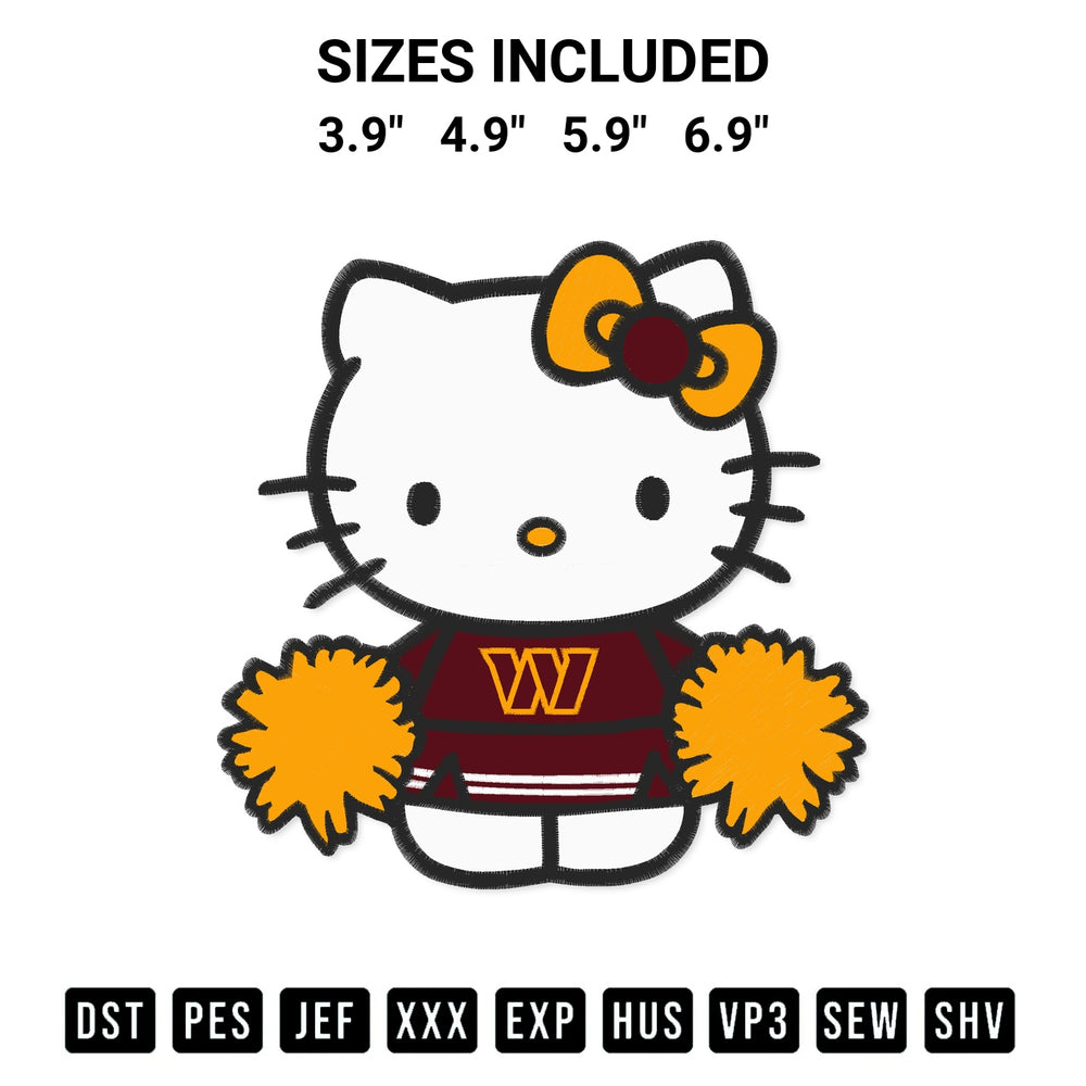 Get the Washington Commanders Hello Kitty Cheerleader Embroidery Design embroidery design for your custom crafts! Premium digitized files available for instant download at Designspacks.com. Available sizes: 3.9", 4.9", 5.9", 6.9".