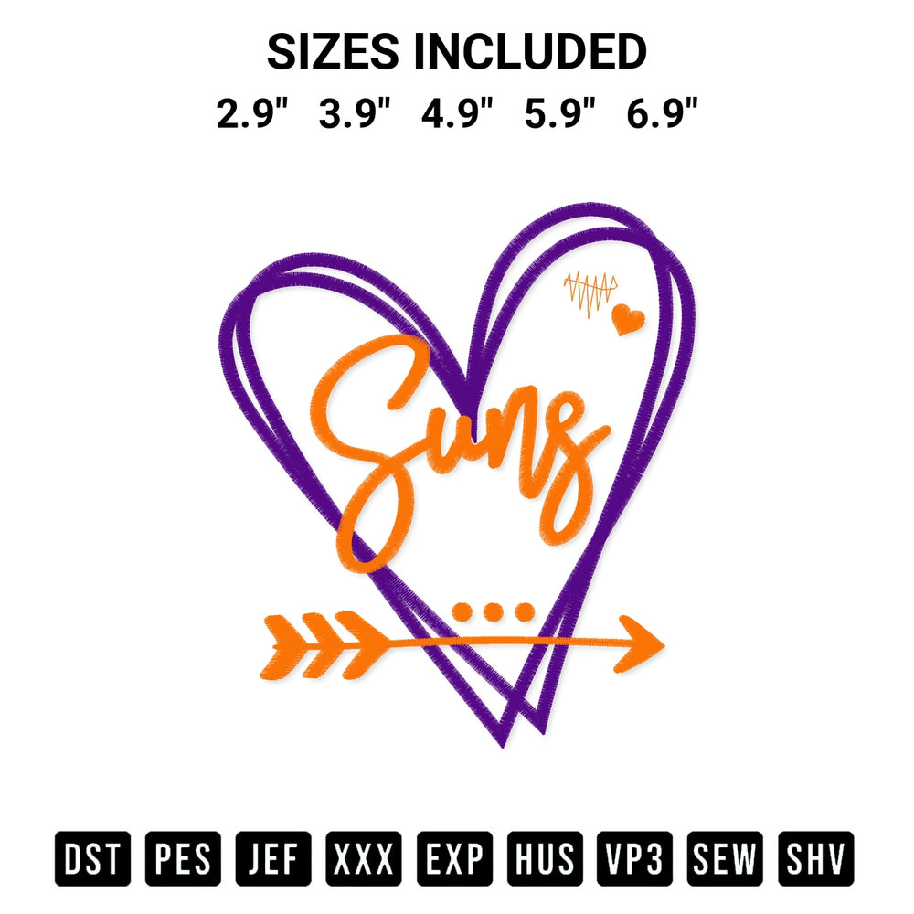 Add a unique touch to your apparel with the Phoenix Suns Heart Embroidery Design embroidery file. Premium instant download available now on Designspacks.com. Available sizes: 2.9", 3.9", 4.9", 5.9", 6.9".