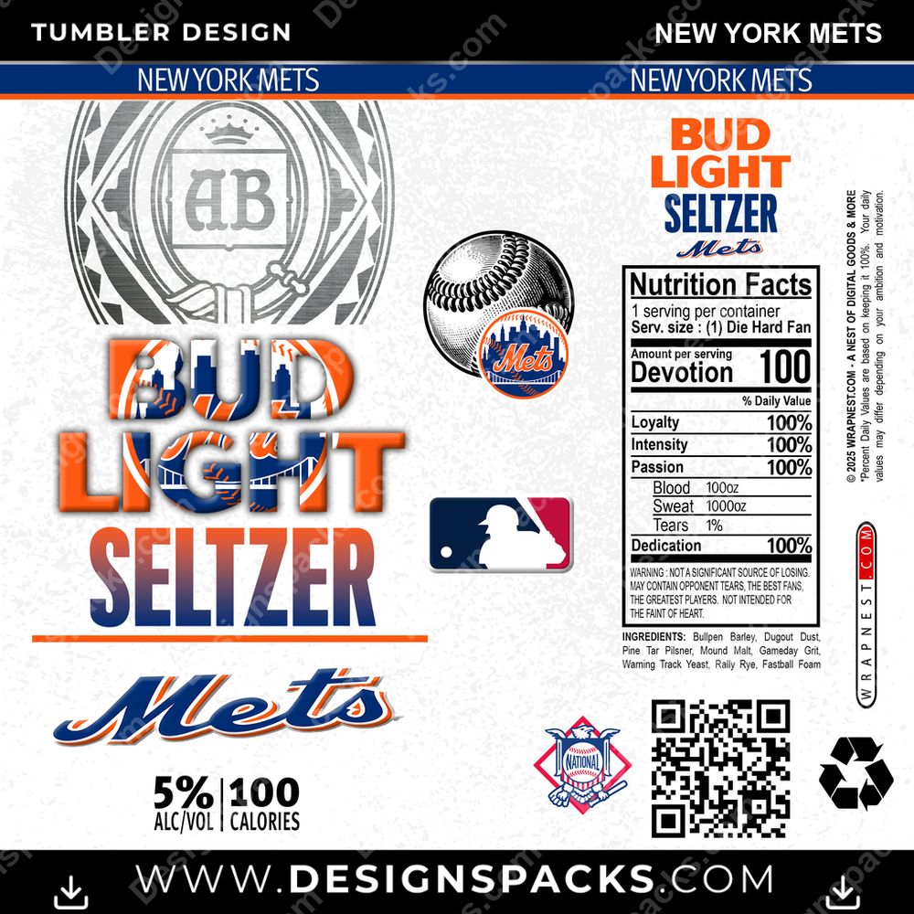 Baseball Bud Light Seltzer New York Mets Tumbler Digital Wrap Design