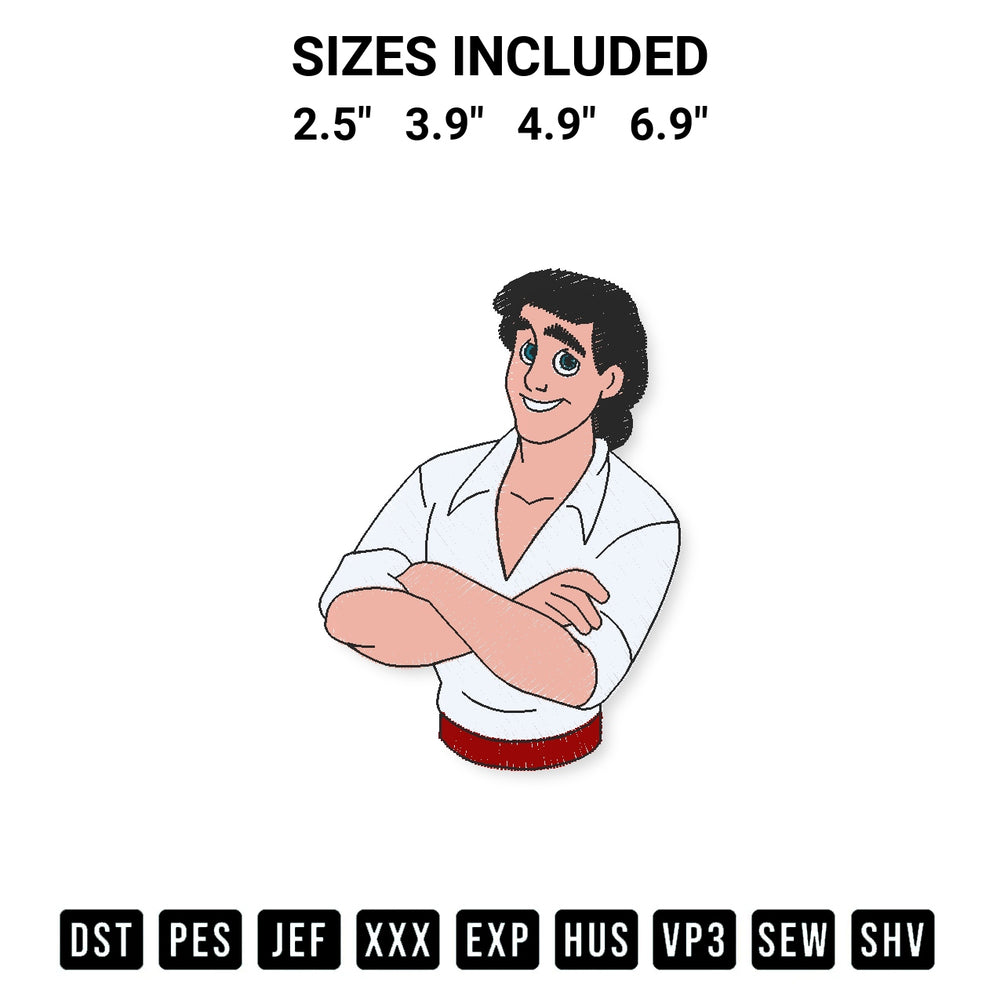 Get the Prince Eric Embroidery Design embroidery design for your custom crafts! Premium digitized files available for instant download at Designspacks.com. Available sizes: 2.5", 3.9", 4.9", 6.9".