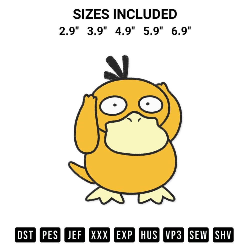 Shop the Psyduck Pokemon Embroidery Design machine embroidery pattern at Designspacks.com. Beautifully digitized for flawless stitching on any fabric. Available sizes: 2.9", 3.9", 4.9", 5.9", 6.9".