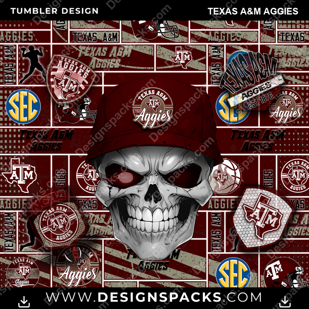 College Sport Skull Texas A&M Aggies Tumbler Digital Wrap Design