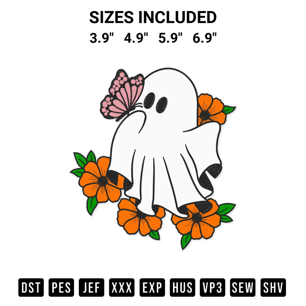 Add a unique touch to your apparel with the Halloween Ghost Butterfly And Flower Embroidery Design embroidery file. Premium instant download available now on Designspacks.com. Available sizes: 3.9", 4.9", 5.9", 6.9".