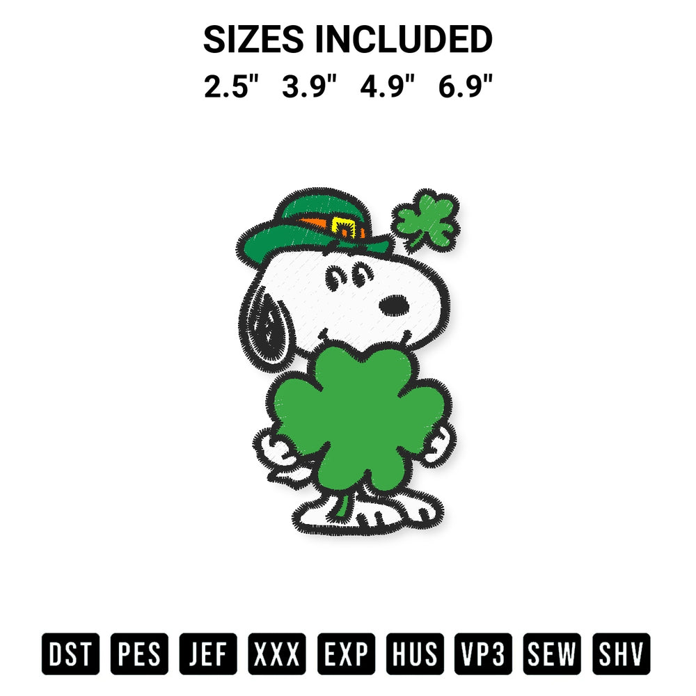 Get the Snoopy Peanuts Shamrocks Embroidery Design embroidery design for your custom crafts! Premium digitized files available for instant download at Designspacks.com. Available sizes: 2.5", 3.9", 4.9", 6.9".