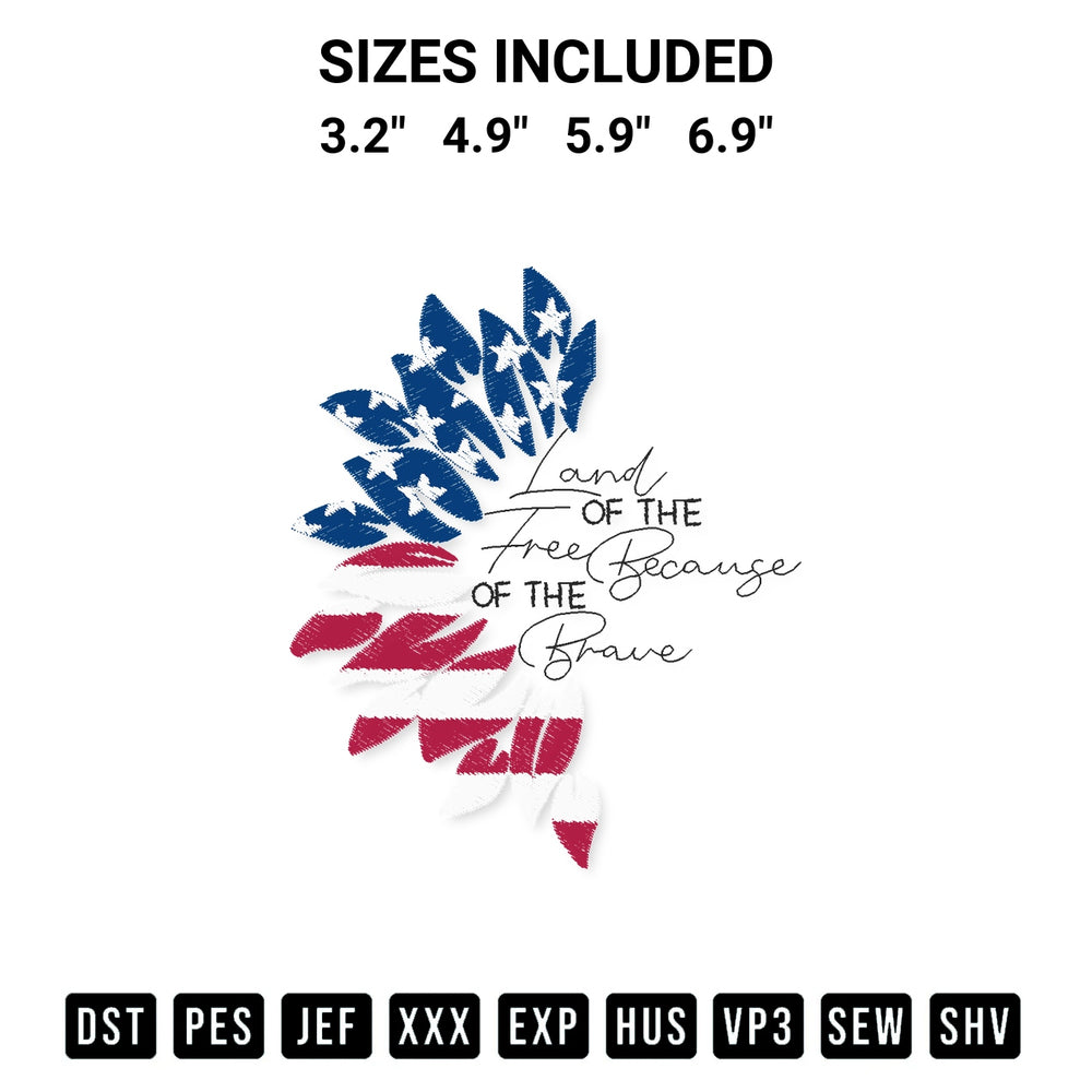 Elevate your next project with our American Flag Sunflower Embroidery Design embroidery file. Shop high-quality digital patterns instantly at Designspacks.com. Available sizes: 3.2", 4.9", 5.9", 6.9".