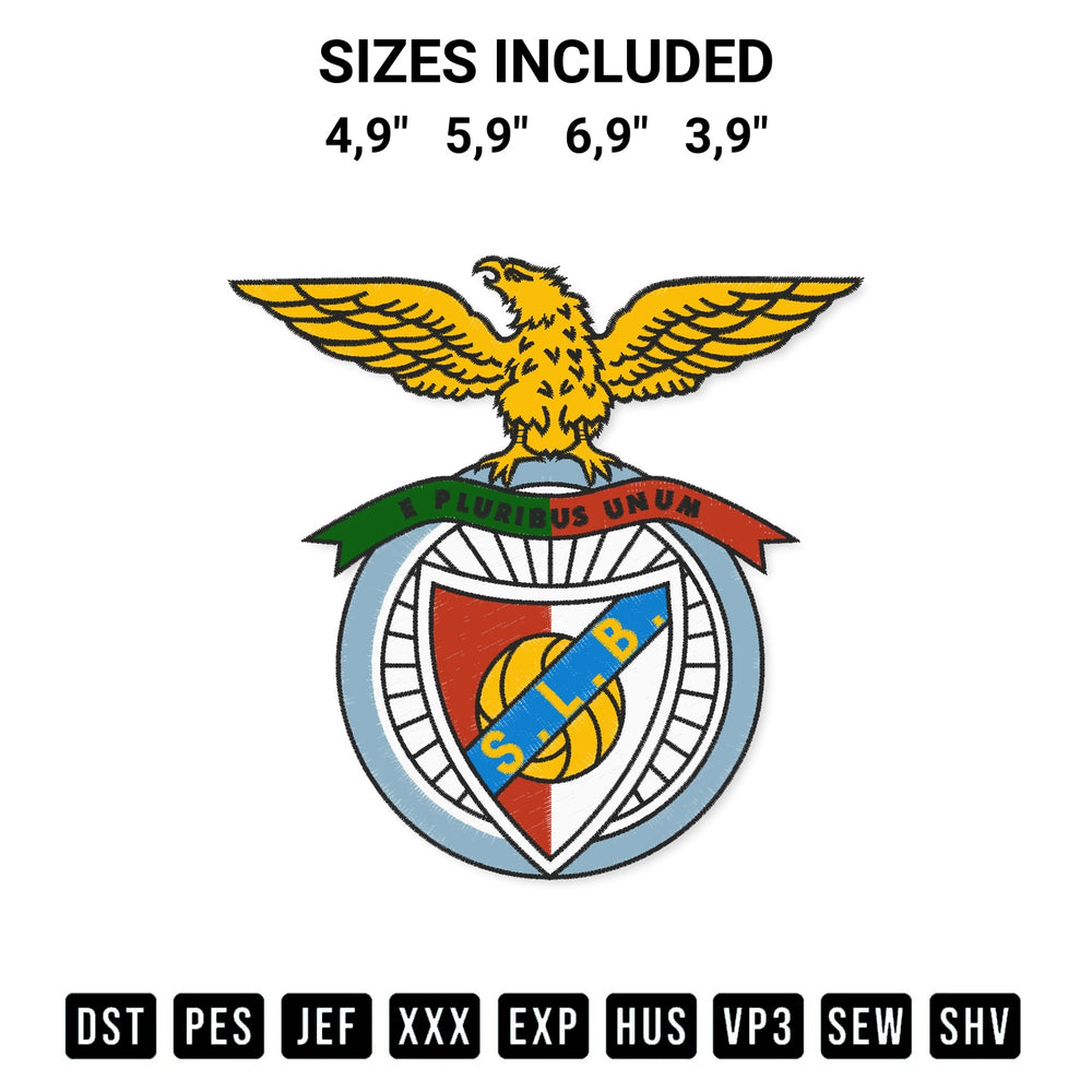 Shop the Benfica Logo Embroidery Design machine embroidery pattern at Designspacks.com. Beautifully digitized for flawless stitching on any fabric. Available sizes: 4,9", 5,9", 6,9", 3,9".