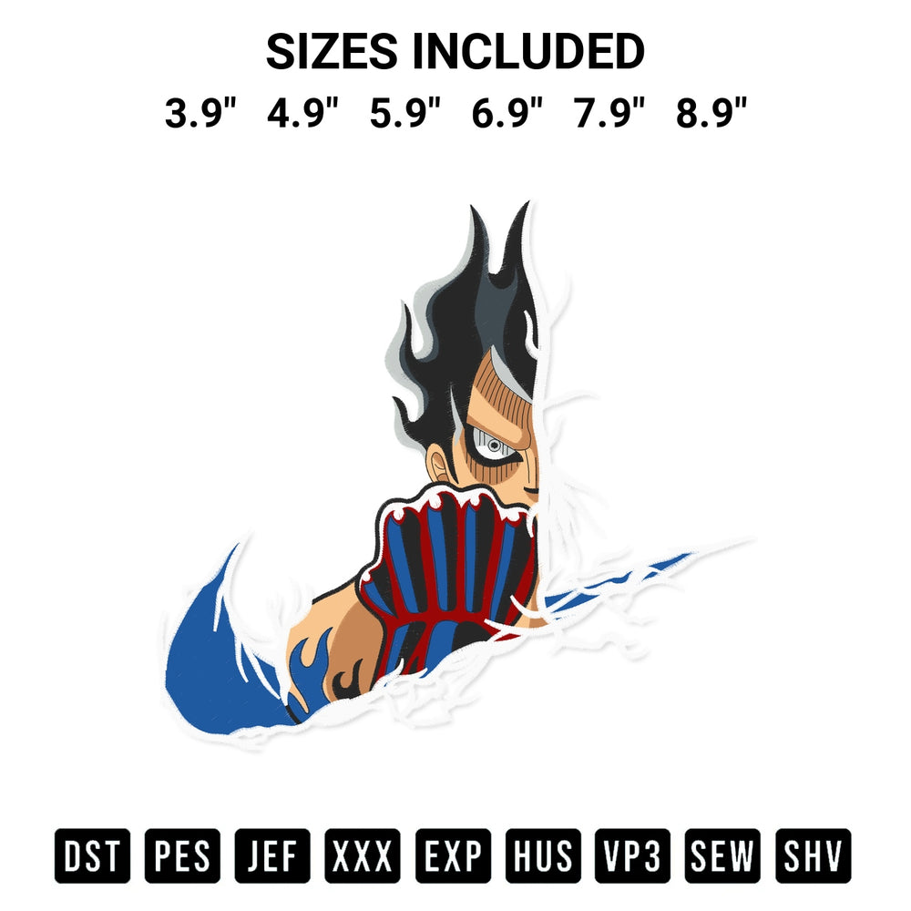 Transform your fabrics with the Swoosh Half Luffy Gear 4 Embroidery Design embroidery design. Instant access to premium digitized patterns at Designspacks.com. Available sizes: 3.9", 4.9", 5.9", 6.9", 7.9", 8.9".