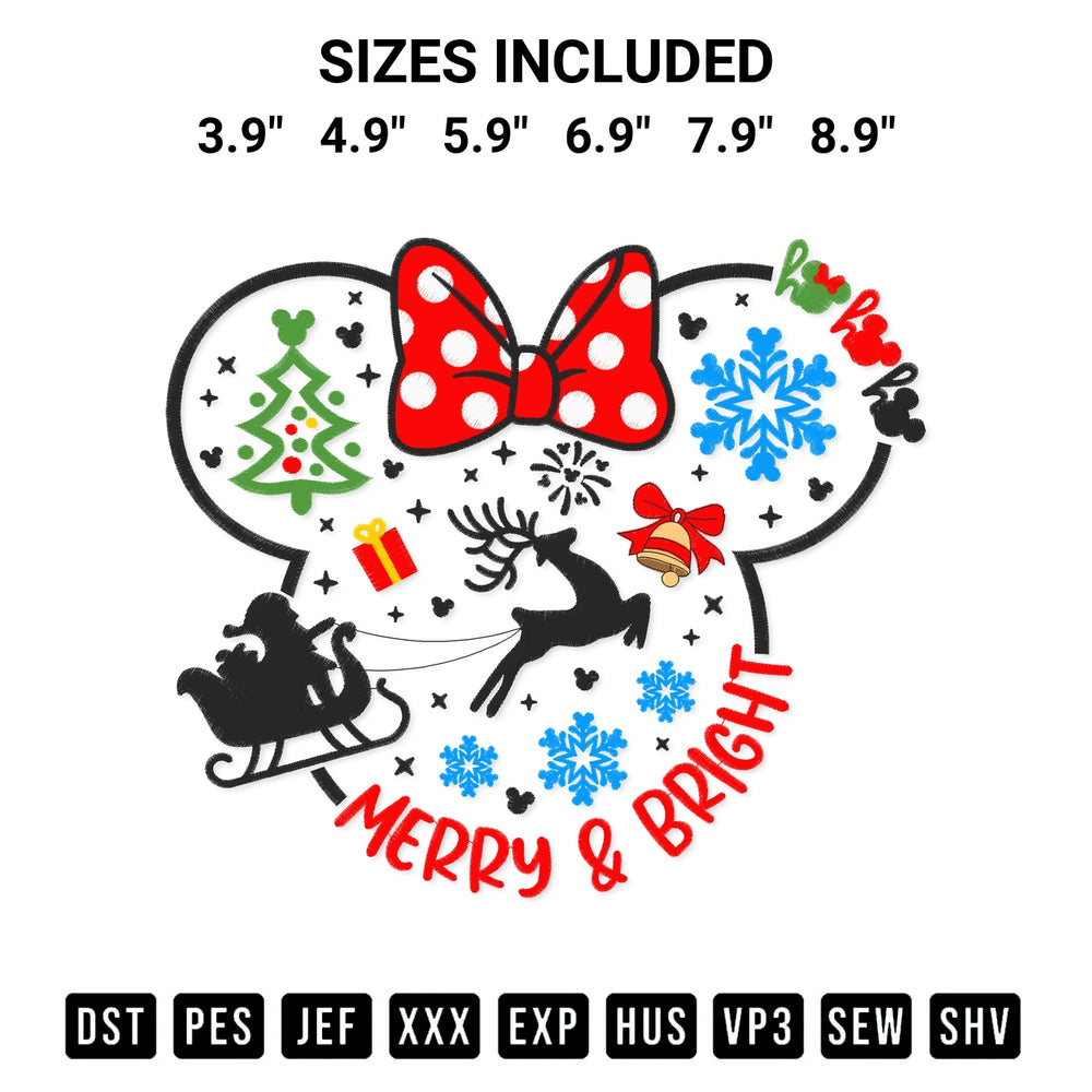Create amazing crafts with the Merry And Bright Christmas Head Minnie Embroidery Design embroidery file. High-quality digital download from Designspacks.com, perfect for beginners and pros. Available sizes: 3.9", 4.9", 5.9", 6.9", 7.9", 8.9".